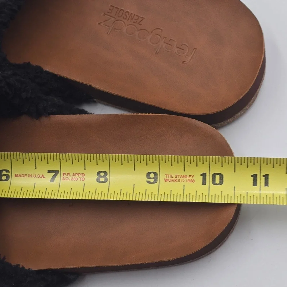 Feelgoodz Slide Sandals Women 10 Zensole Black Quilted Faux Fur EUC Cozy Slipper